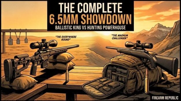 Illustration of a 6.5mm showdown featuring two rifles, highlighting key comparisons in a scenic outdoor setting.