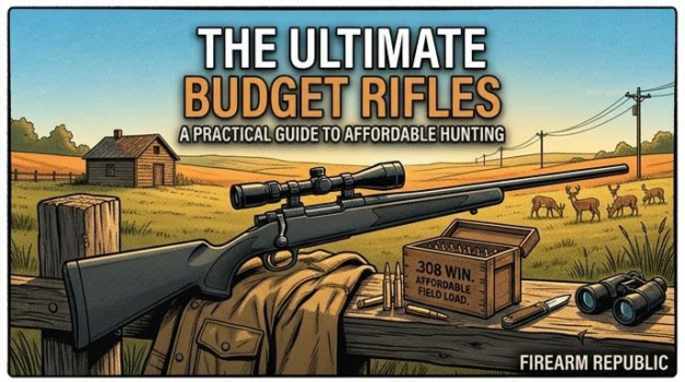 Illustration of a budget rifle with a practical guide, featuring a scenic hunting background and rifle accessories.