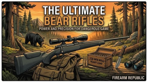Illustration of a bear rifle with a scenic forest backdrop, highlighting power and precision for hunting dangerous game.