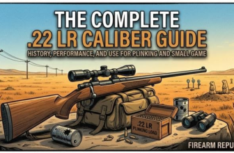Illustration of a .22 LR rifle on a desert landscape, promoting a guide for its history and use in shooting.