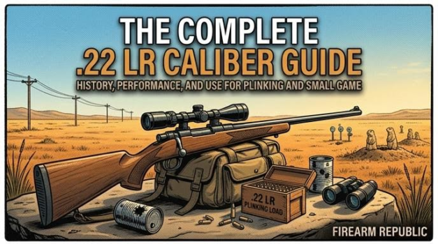 Illustration of a .22 LR rifle on a desert landscape, promoting a guide for its history and use in shooting.