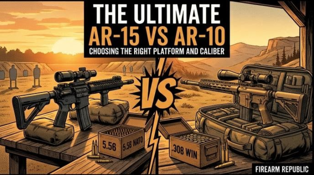 Comparison of AR-15 and AR-10 rifles on shooting range, highlighting caliber options and platform choices.