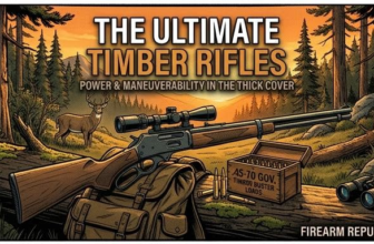 A detailed illustration of a timber rifle in a forest setting, promoting its power and maneuverability for hunting.