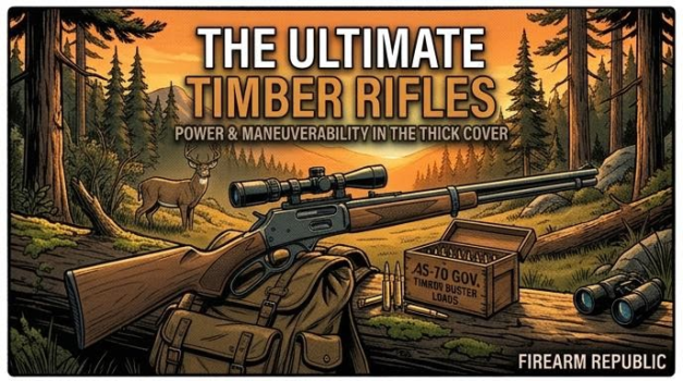 A detailed illustration of a timber rifle in a forest setting, promoting its power and maneuverability for hunting.