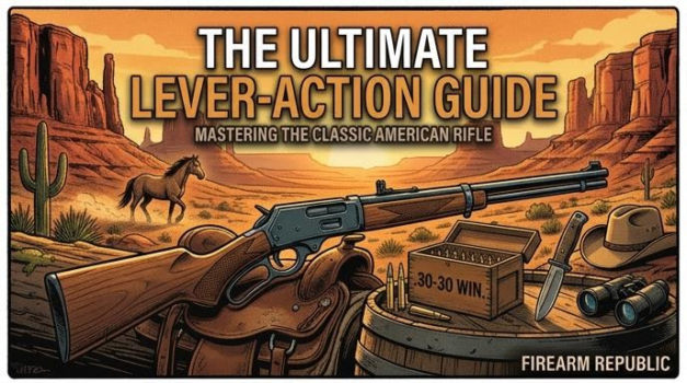 Cover of 'The Ultimate Lever-Action Guide' featuring a vintage rifle, western scenery, and ammunition.