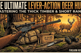 Illustration of lever-action deer hunting gear, featuring a rifle, ammunition, binoculars, and a deer in the forest.