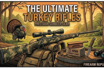 Illustration of a turkey rifle with a scope in a forest, highlighting ultimate turkey hunting gear and ammunition.