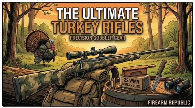 Illustration of a turkey rifle with a scope in a forest, highlighting ultimate turkey hunting gear and ammunition.