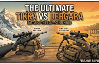 Graphic comparing Tikka and Bergara bolt-action rifles, highlighting precision and long-range capabilities.