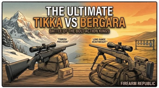 Graphic comparing Tikka and Bergara bolt-action rifles, highlighting precision and long-range capabilities.
