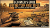 Illustration of a beginner's guide to buying a rifle, featuring a rifle, safety guide, and outdoor shooting range.
