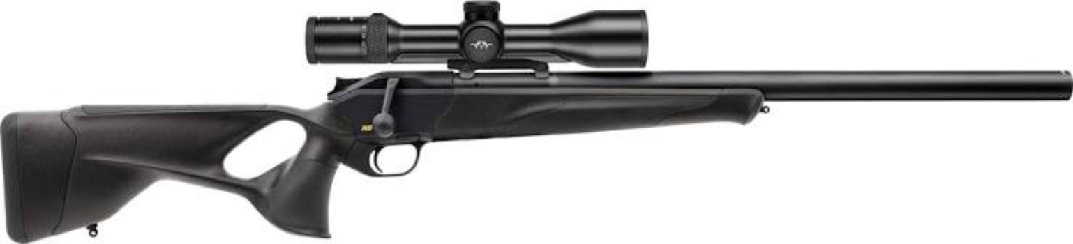 Side view of a sleek black rifle with a mounted scope, showcasing modern hunting equipment.