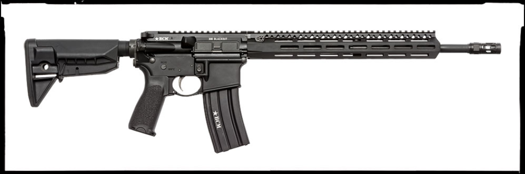 Black semi-automatic rifle with a tactical design, featuring a quad rail and detachable magazine.