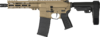 Side view of a tan tactical firearm with adjustable stock and rail system for accessories.