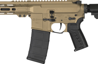 Side view of a tan tactical firearm with adjustable stock and rail system for accessories.