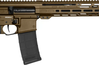 Side view of a Dissent firearm in brown finish, showcasing its modern design and tactical features.