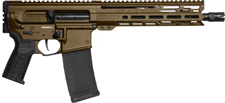 Side view of a Dissent firearm in brown finish, showcasing its modern design and tactical features.