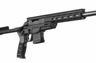 A modern black semi-automatic rifle with a sleek design and tactical features, displayed at an angle.