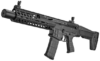Black modern firearm with tactical features, featuring a detachable magazine and picatinny rail for accessories.