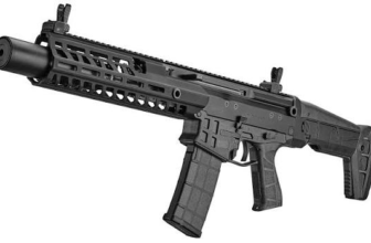 Black modern firearm with tactical features, featuring a detachable magazine and picatinny rail for accessories.