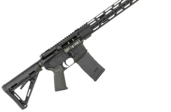 AR-15 style rifle with a sleek design, featuring a minimalist handguard and adjustable stock for optimal performance.