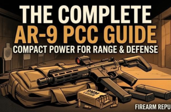 AR-9 PCC Guide cover showcasing a rifle and ammunition, focusing on compact power for range and defense.