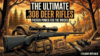 Illustration of a .308 deer rifle, backpack, ammo, and binoculars in a forest setting with a deer in the background.
