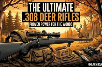 Illustration of a .308 deer rifle, backpack, ammo, and binoculars in a forest setting with a deer in the background.