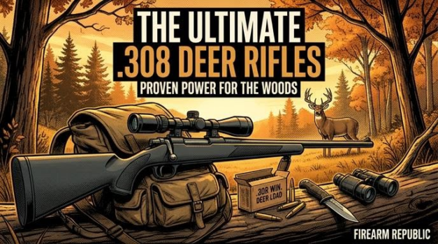 Illustration of a .308 deer rifle, backpack, ammo, and binoculars in a forest setting with a deer in the background.