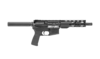 Black tactical firearm with suppressor and accessory rail, designed for enhanced performance and versatility.