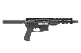 Black tactical firearm with suppressor and accessory rail, designed for enhanced performance and versatility.
