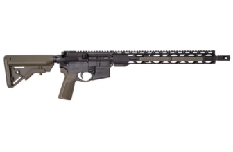 Side view of a modern rifle featuring an extended handguard and an adjustable stock in dark colors.