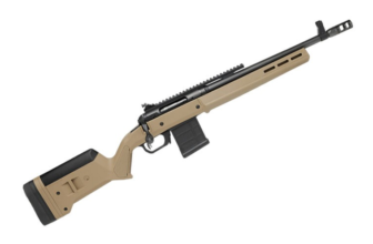 Desert tan bolt-action rifle with a black stock and rail system, designed for precision shooting and tactical use.