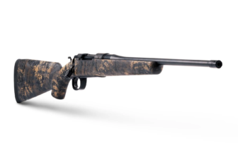 High-quality rifle with a textured camo finish, showcasing a sleek design and precision craftsmanship for hunting or shooting.